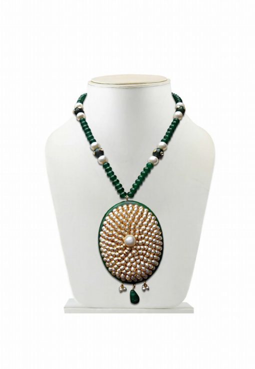 Round Partywear Pacchi Pendant Set for Women in Green and White-0