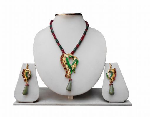 Exclusive Designer Pendant and Earrings Set in Red and Green Stone-0