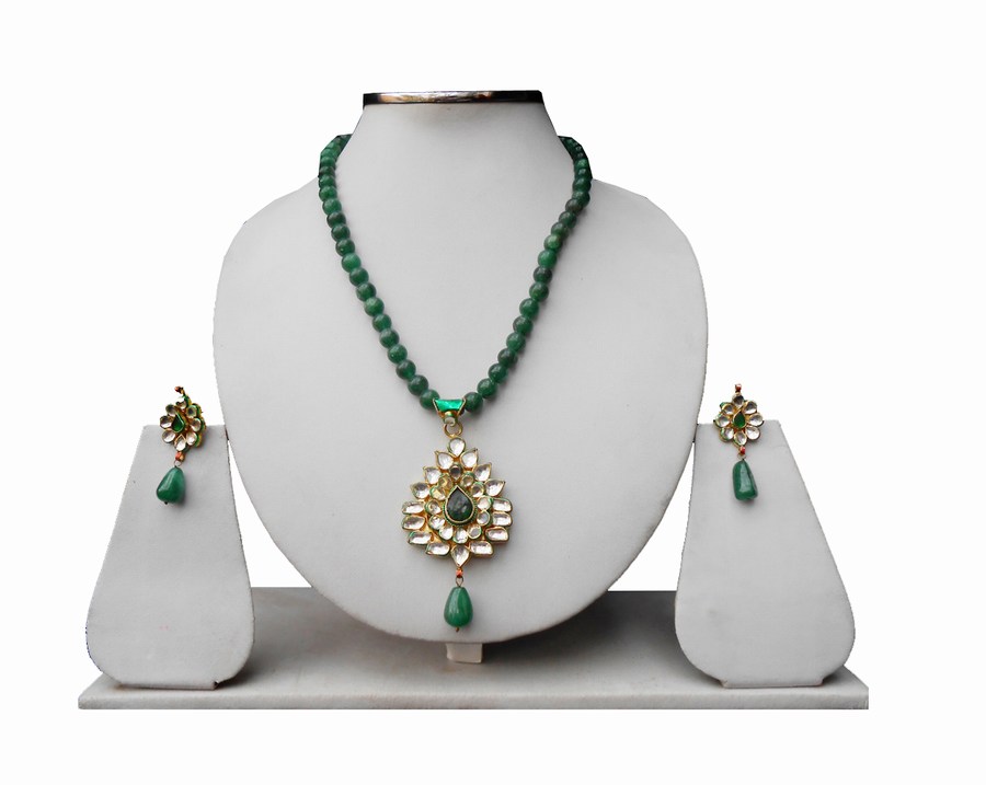 Party Wear Pendant Set for Women in Green Kundan Stones-0