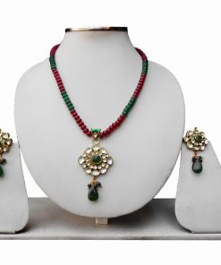 Buy Wedding Pendant Set in Green and Red Stones with Antique Polish -0