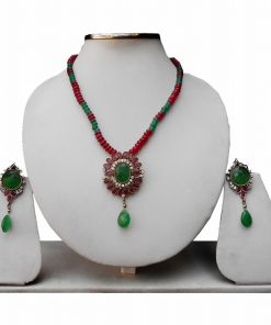 Gorgeous Indian Bridal Pendant Set with Earrings in Red Stones-0