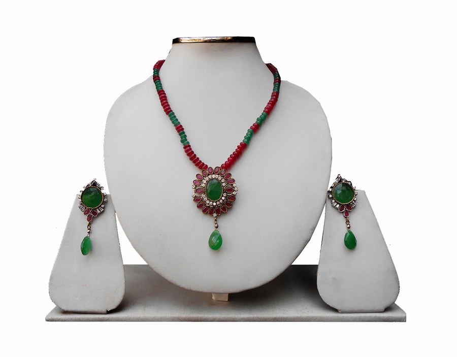 Gorgeous Indian Bridal Pendant Set with Earrings in Red Stones-0