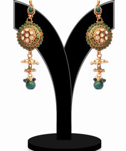 Traditional Green and White Stone Studded Polki Earrings in Long Pattern-0