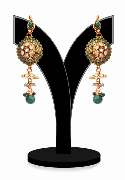 Traditional Green and White Stone Studded Polki Earrings in Long Pattern-0