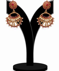 Round Red and White Stone Embellished Polki Jhumkas From India-0