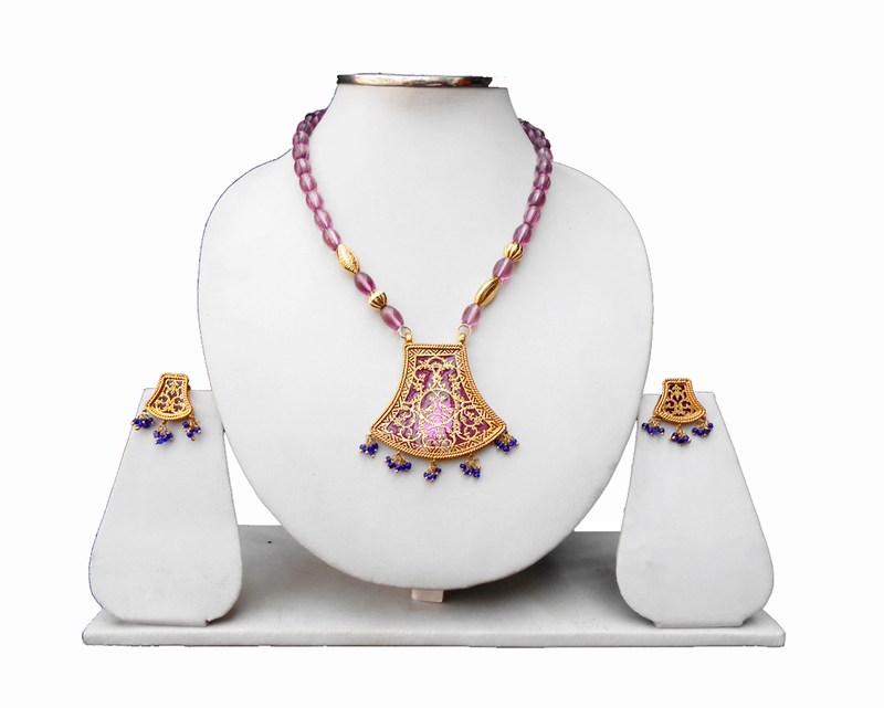 Purple and Blue Traditional Thewa Pendant and Earring Set From India-0