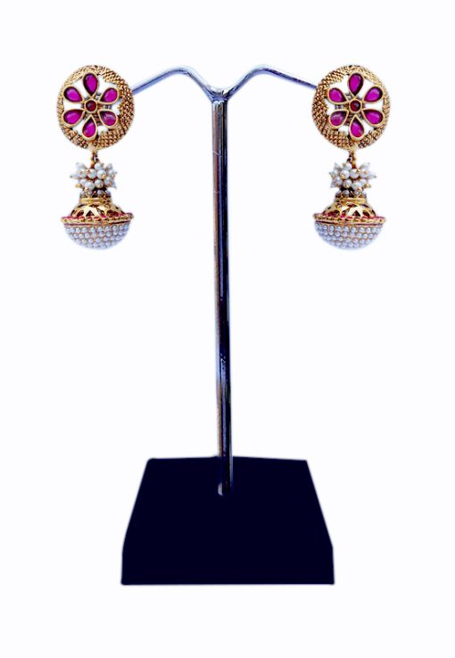 Party Wear Red Stone and Pearl Studded Ram Leela Earring from India-0