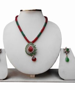 Buy Pendant Set for Women in Red and Green Antique Polish Kundan Stones-0