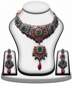 Red and Green Designer Polki Necklace Set For Women-0