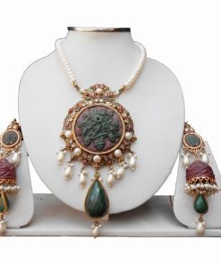 Three Line Red and Green Stone Fashion Pendant Set with Earrings-0