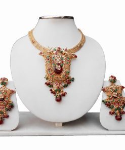 Red and Green Indian Polki Pendant Set for Women with Earrings -0