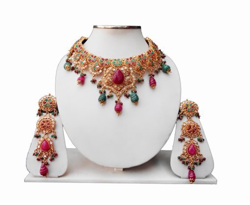 Red and Green Stone Fashionable Polki Necklace and Earrings Set -0