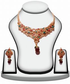 Red and Green Stone Jhumkas and Necklace Jewelry Set From India-0