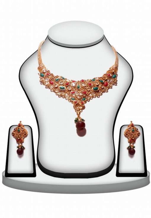 Red and Green Stone Jhumkas and Necklace Jewelry Set From India-0