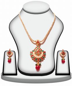 Red and Green Traditional Designer Polki Pendant Jewelry Set-0