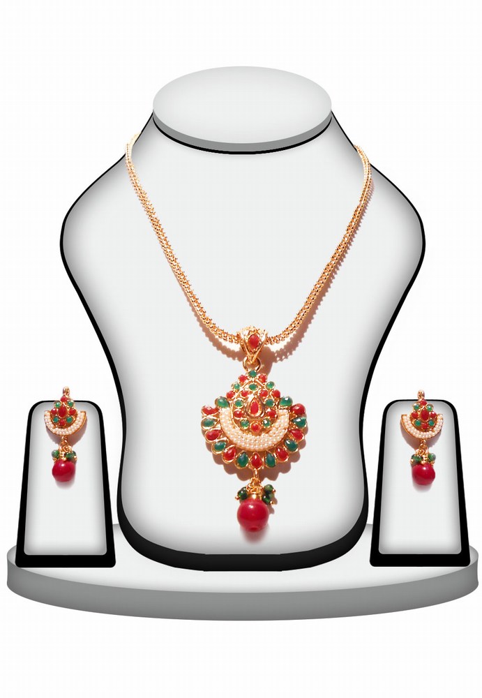 Red and Green Traditional Designer Polki Pendant Jewelry Set-0