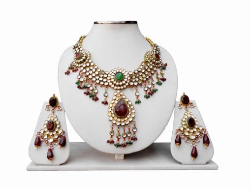 Red and White Modern Styles Kundan Necklace and Earrings Set -1952