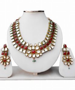 Red and White Modern Styles Kundan Necklace and Earrings Set -0