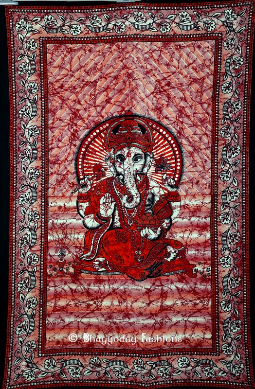 Red Batik Indian God Ganesha Wall Hanging Bedspread Tapestry-0