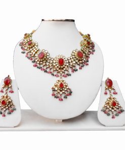 Red, Green and White Kundan Fashion Necklace Set With Earrings-0