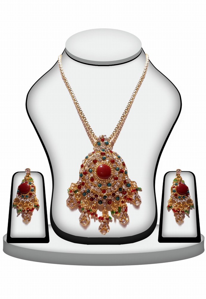 Red, Green and White Polki Stones Fashion Pendant Set for Weddings -0