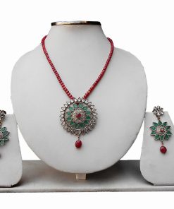 Ravishing Red and Green Stone Pendant and Earrings Set from India-0