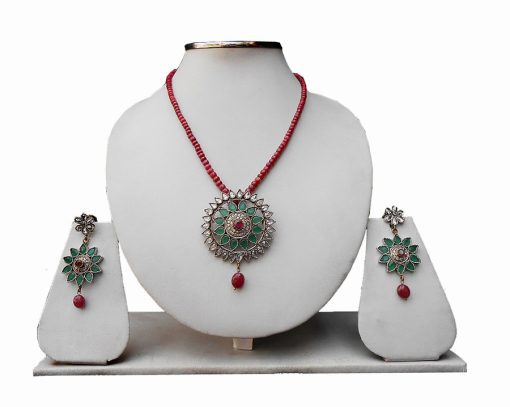 Ravishing Red and Green Stone Pendant and Earrings Set from India-0