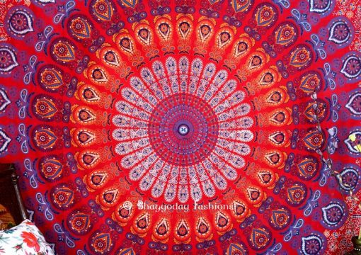 Red Beach Hippie Mandala Peacock Tapestry Bedspread for Home Decor-1491
