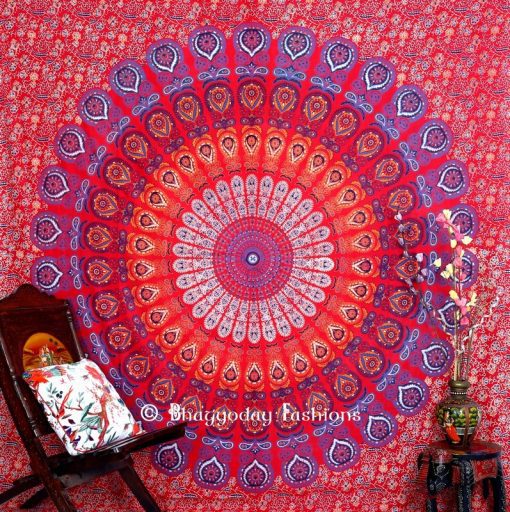 Red Beach Hippie Mandala Peacock Tapestry Bedspread for Home Decor-0