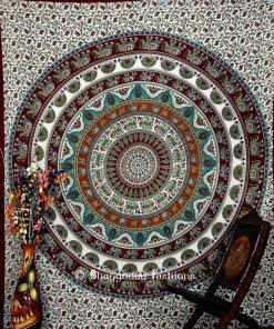 Boho Round Handlook Indian Dorm Bedroom Tapestry in Green White-0