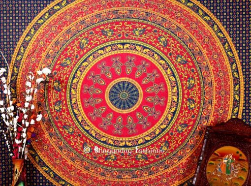 Round Hippie Mandala Tapestry Bedspread for Home in Blue Print-1496