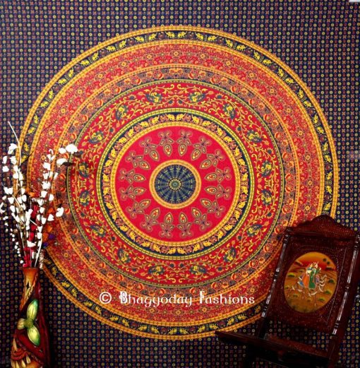Round Hippie Mandala Tapestry Bedspread for Home in Blue Print-0