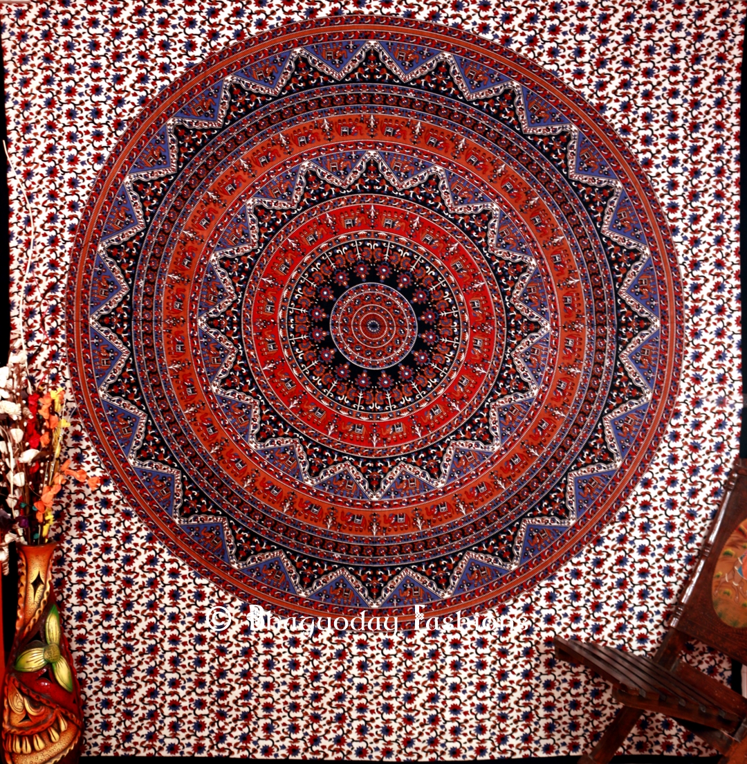 Round Flower Handlook Wall Hanging Dorm Bedroom Tapestry in Blue-0