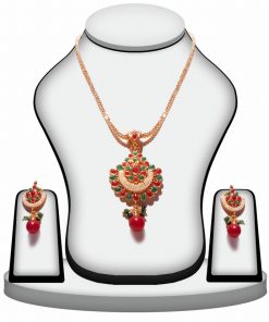 Royal and Stylish Polki Pendant Jewelry Set in Green and Red Stones -0