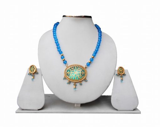 Royal Blue Beads Thewa Indian Pendant Jewelry Set for Parties -0