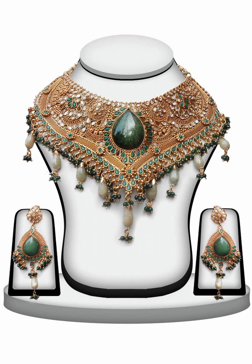 Royal Necklace Earrings Polki Jewelry Set in Green and White Stones -0