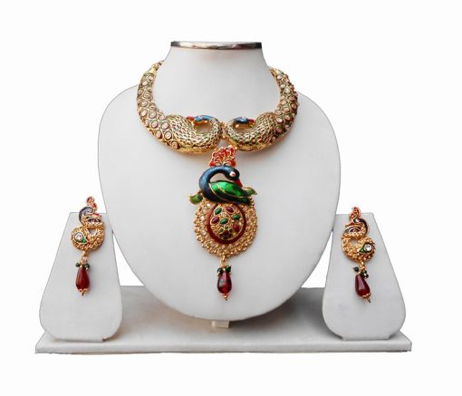 Royal Peacock Jaipur Jewelry Set with Stones and Antique Polish-0