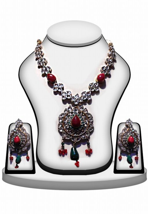 Royal Polki Necklace Jewelry Set with Earrings in Green and Red Stones -0