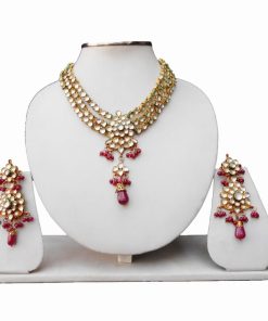 Shop Online Red and White Kundan Stone Necklace and Earrings Set v-0