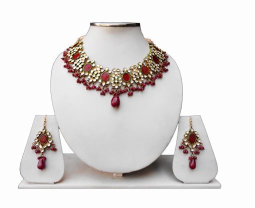 Shop Red Kundan Beads Necklace and Earrings Set for Weddings -0