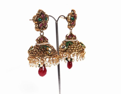 Shop Designer Jhumka Style Fashion Earrings in Red and Green-1570