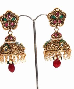 Shop Designer Jhumka Style Fashion Earrings in Red and Green-0