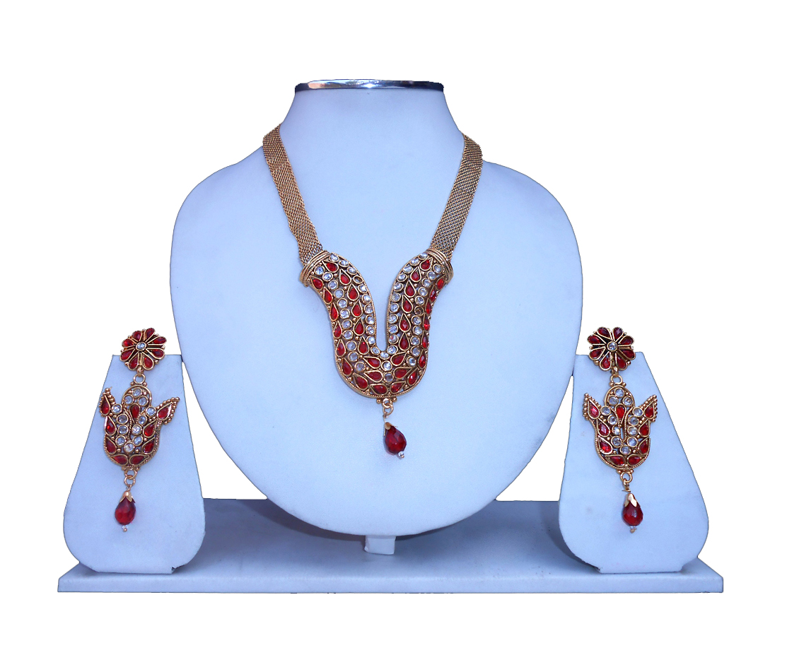 Shop Online Indian Bridal Necklace Set in Polki Colored Stones and Antique Polish-0