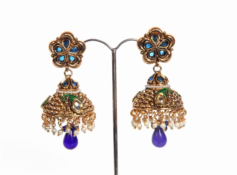 Special Occasion Wear Fashion Earrings from India in Blue Stones -0