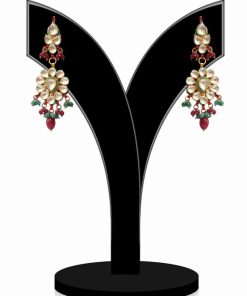 Traditional Red, Green and White Kundan Stones Studded Party Jhumkas-0