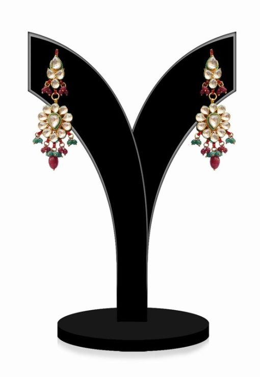 Traditional Red, Green and White Kundan Stones Studded Party Jhumkas-0