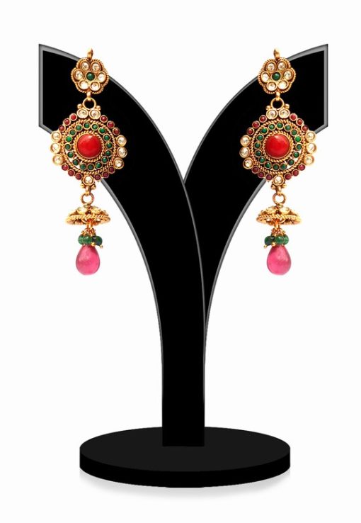 Buy Online Traditional Red, Green and White Stone Studded Polki Earrings-0