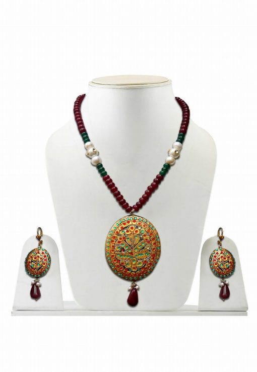 Tanjore Painting Latest Design Necklace Earrings Set in Maroon and Green-0