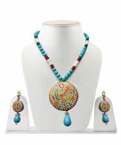 Tanjore Painting Turquoise Pendant and Earrings Jewelry Set for Weddings-0