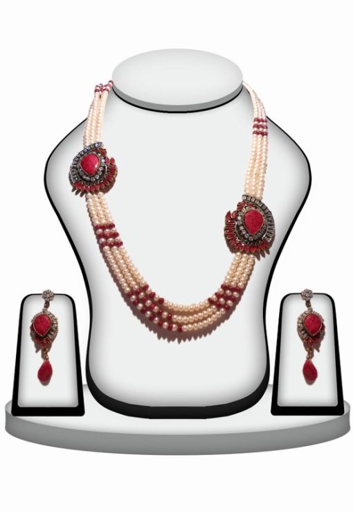 Three Lines Pearl Beaded Necklace Set with Brooch in White and Red-0